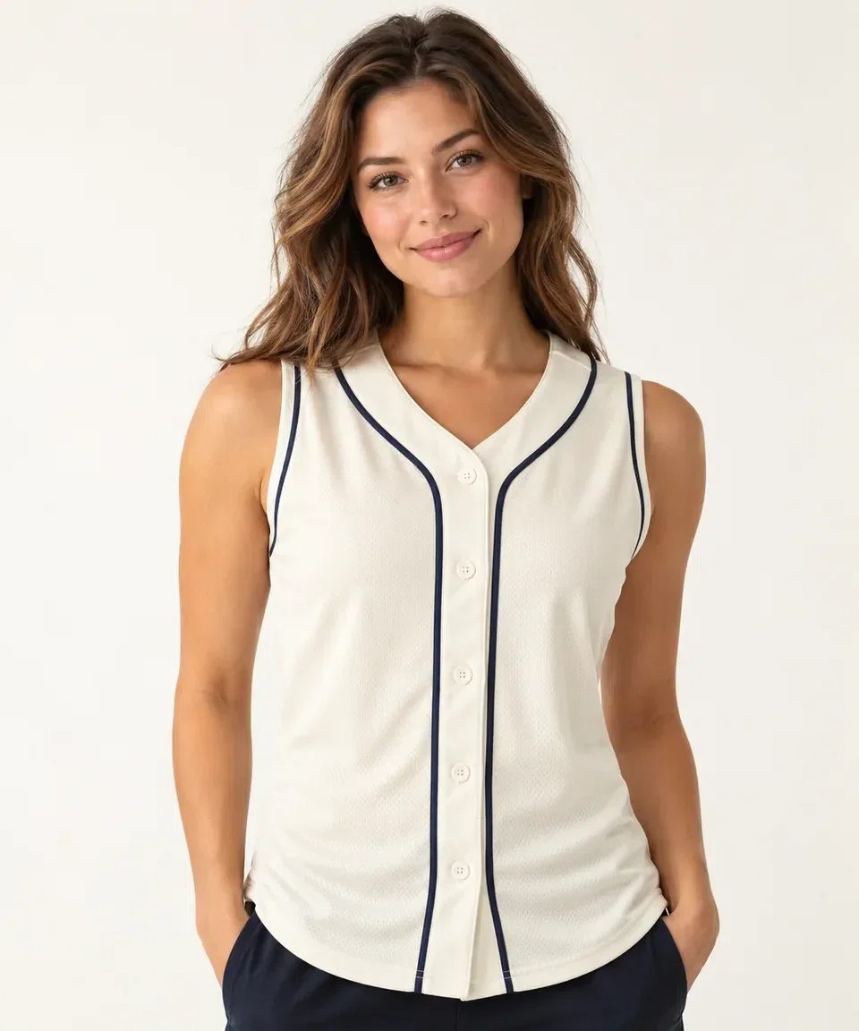 AI-generated illustrative studio image of a model wearing a plain cream sleeveless baseball jersey with navy piping