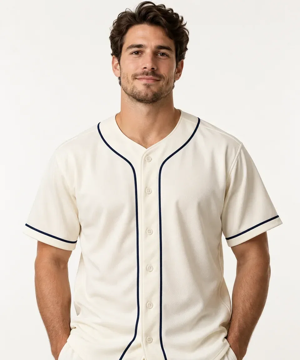 AI-generated illustrative studio image of a model wearing a plain cream baseball jersey with navy piping