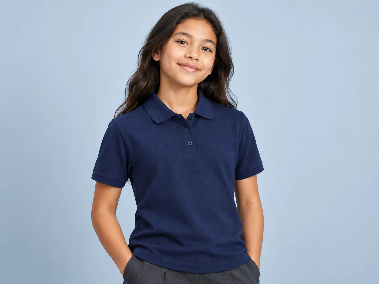 AI-generated illustrative studio image of a student wearing a plain navy school polo shirt