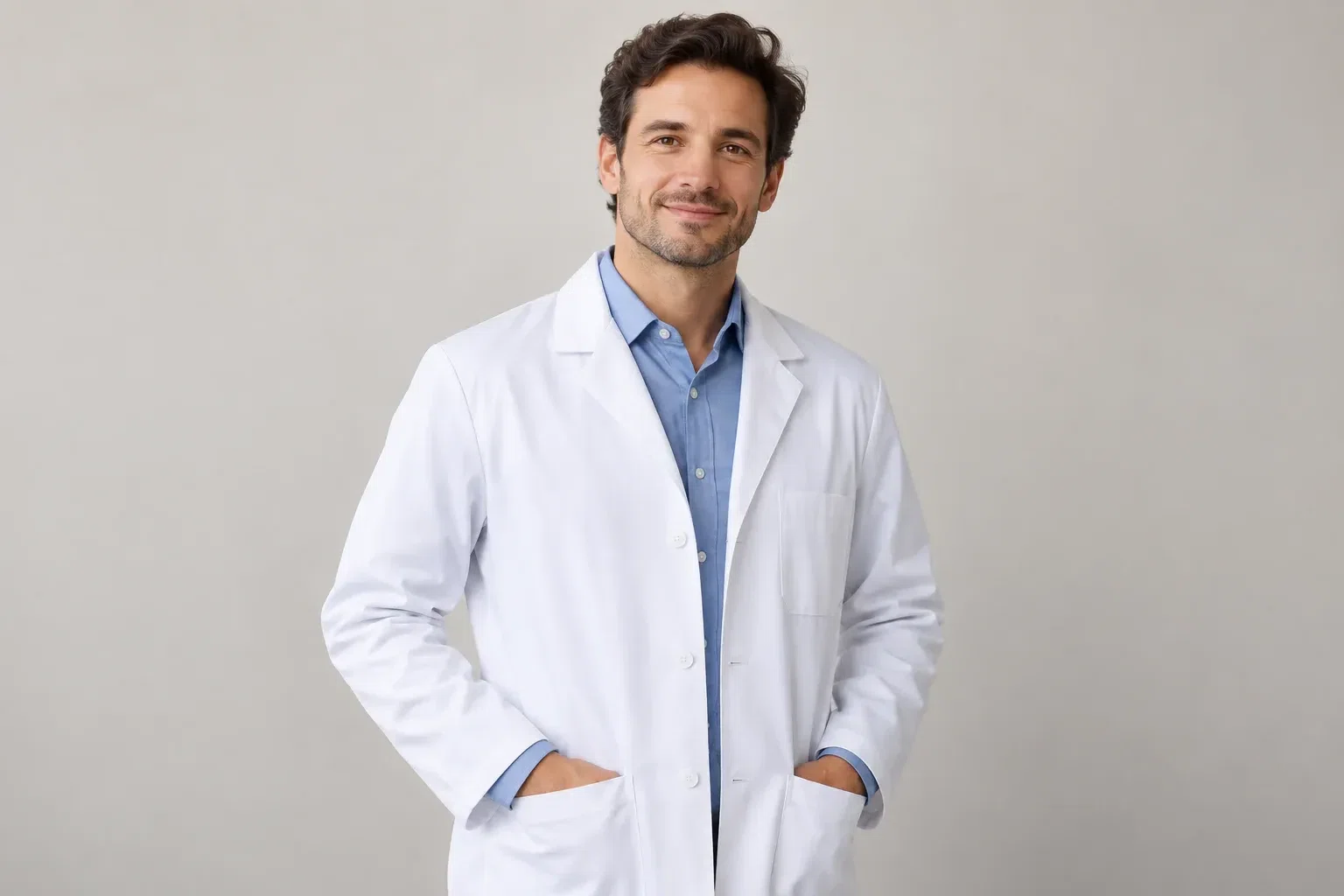 AI-generated illustrative studio image of a model wearing a plain white lab coat over a blue shirt
