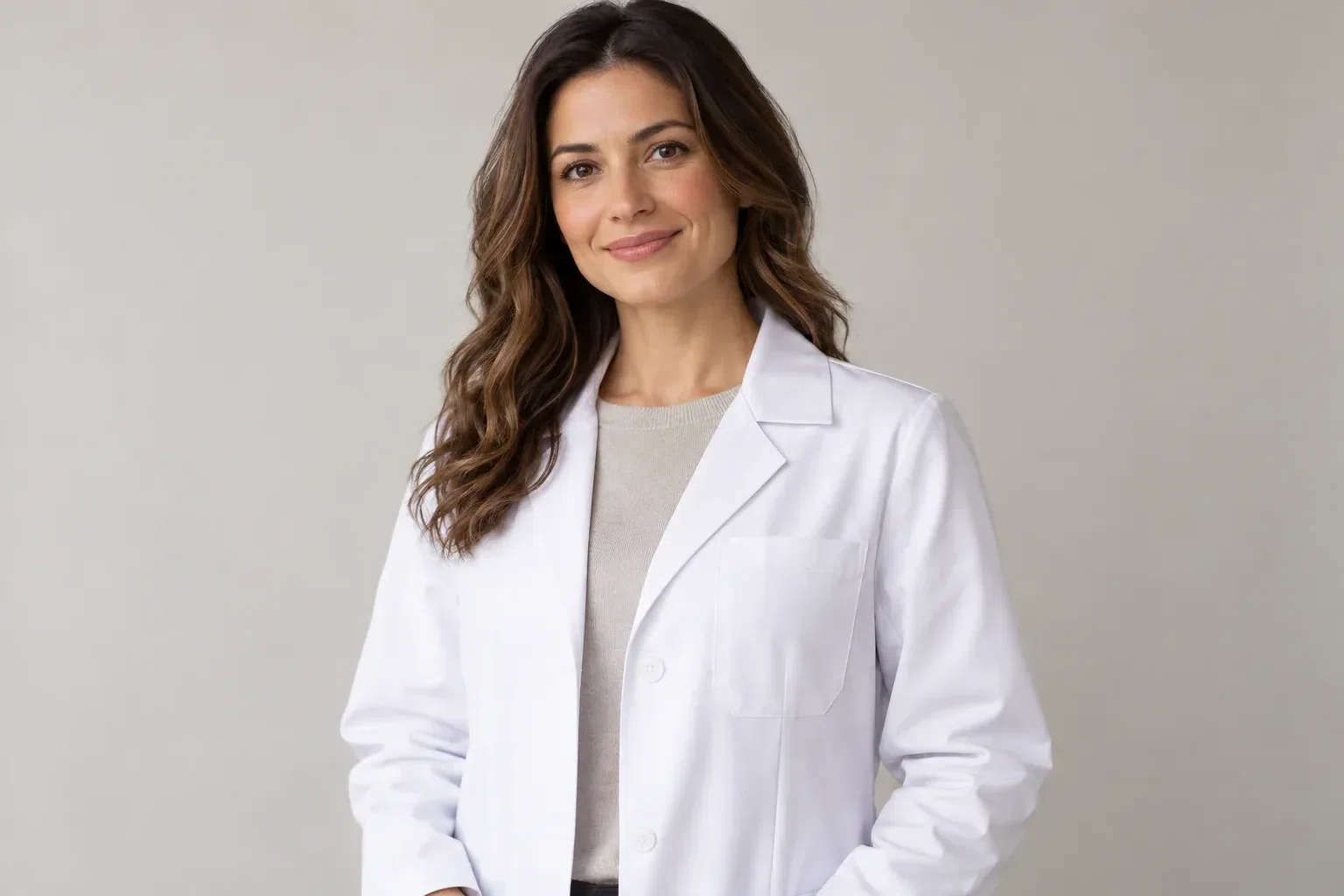 AI-generated illustrative studio image of a model wearing a plain white lab coat