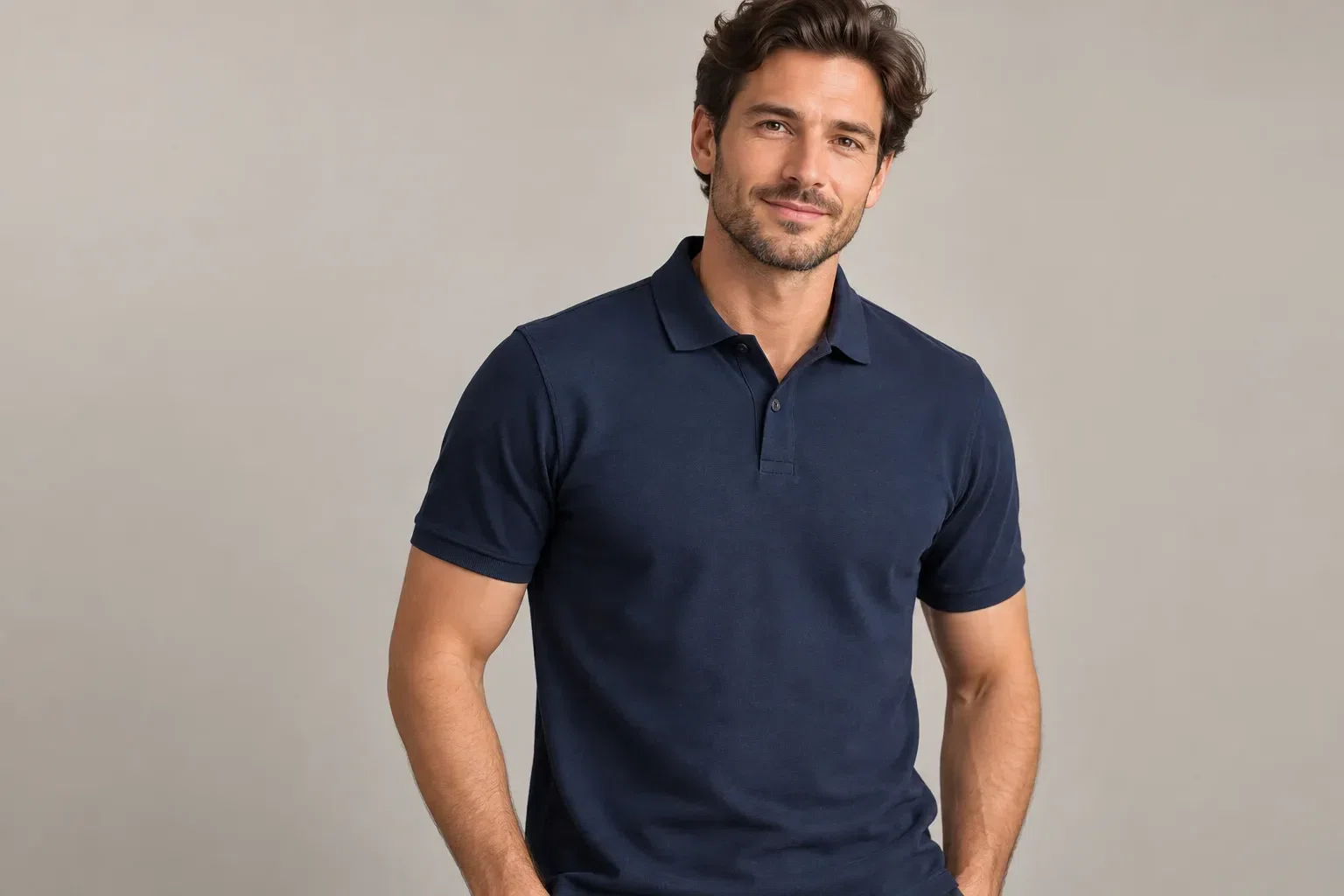 AI-generated illustrative studio image of a model wearing a plain navy polo shirt
