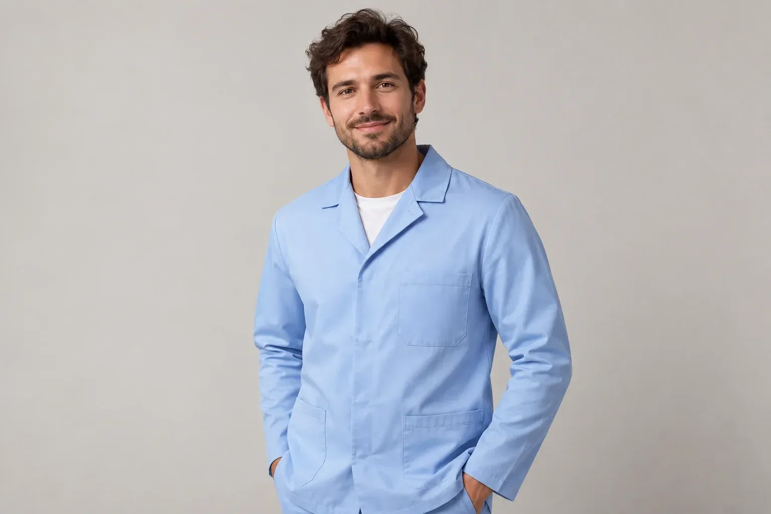 AI-generated illustrative studio image of a model wearing a plain pale blue medical jacket