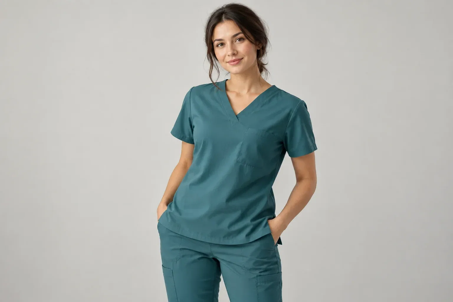 AI-generated illustrative studio image of a model wearing a plain teal scrub set