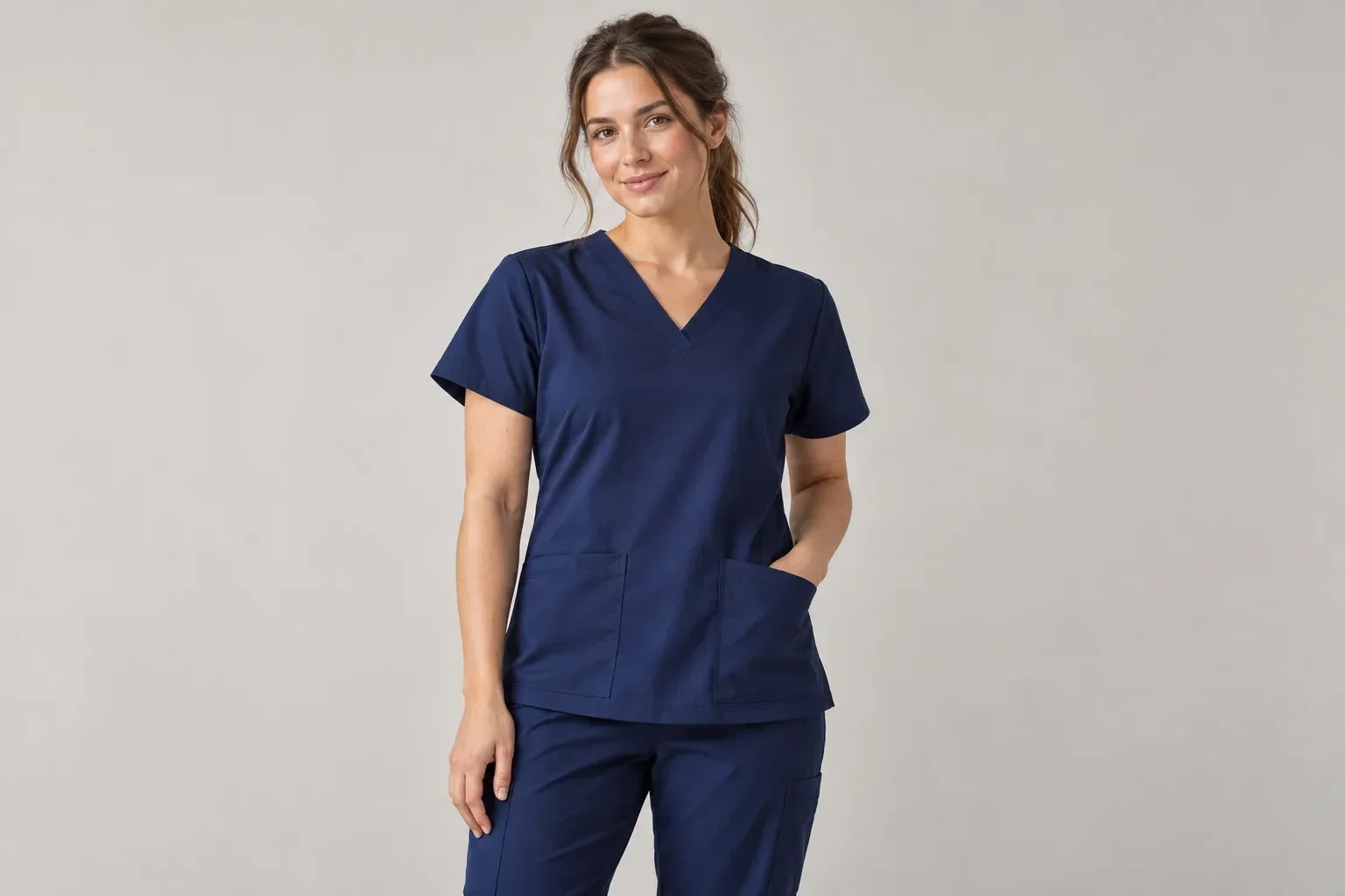 AI-generated illustrative studio image of a model wearing a plain navy scrub set