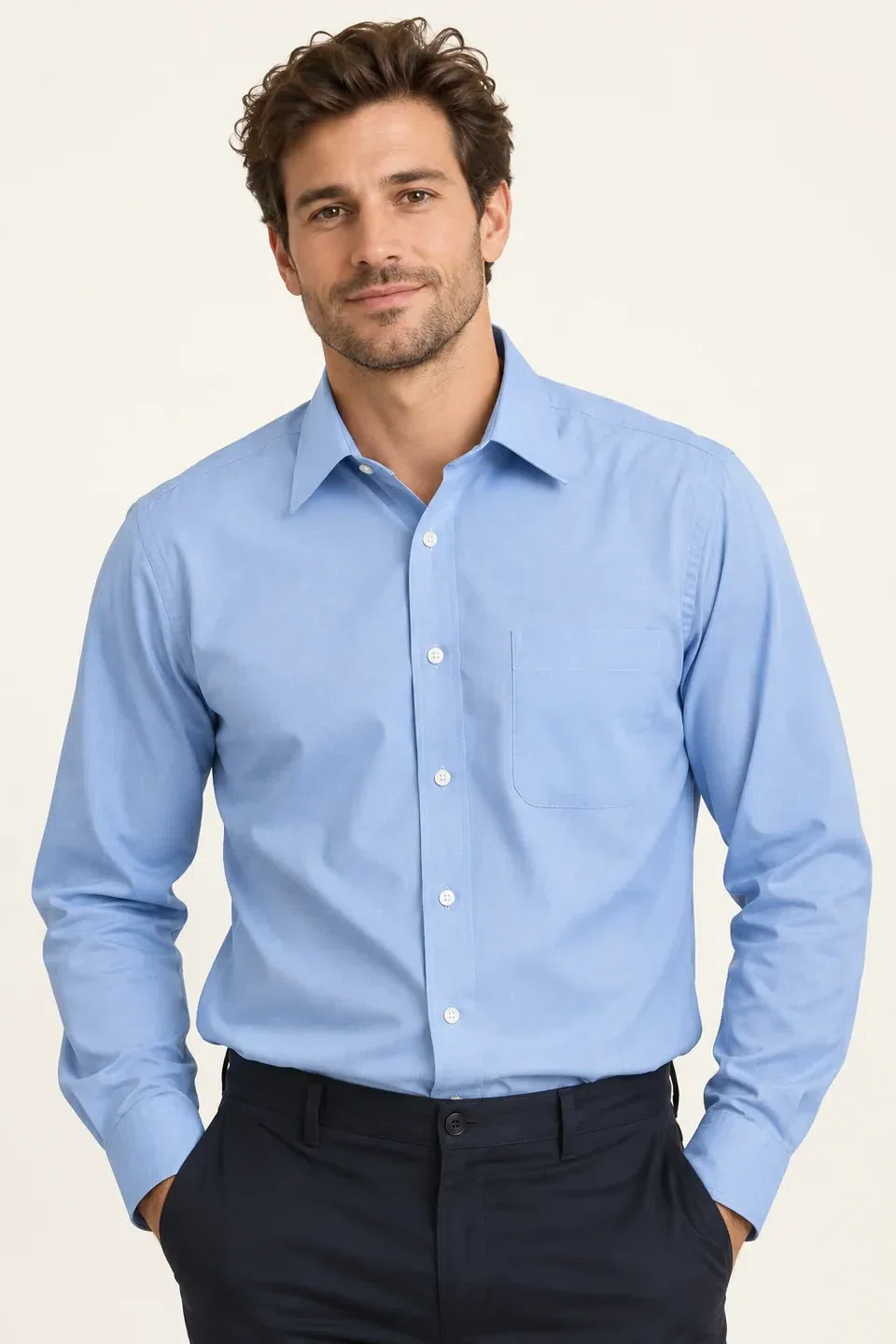 AI-generated illustrative studio image of a model wearing a plain light blue button-down shirt