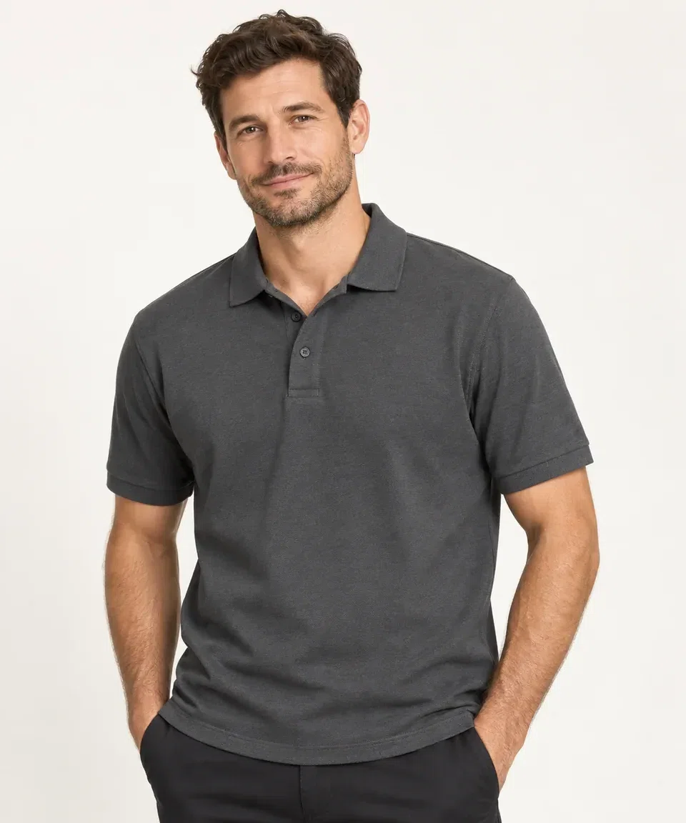 AI-generated illustrative studio image of a model wearing a plain charcoal polo shirt
