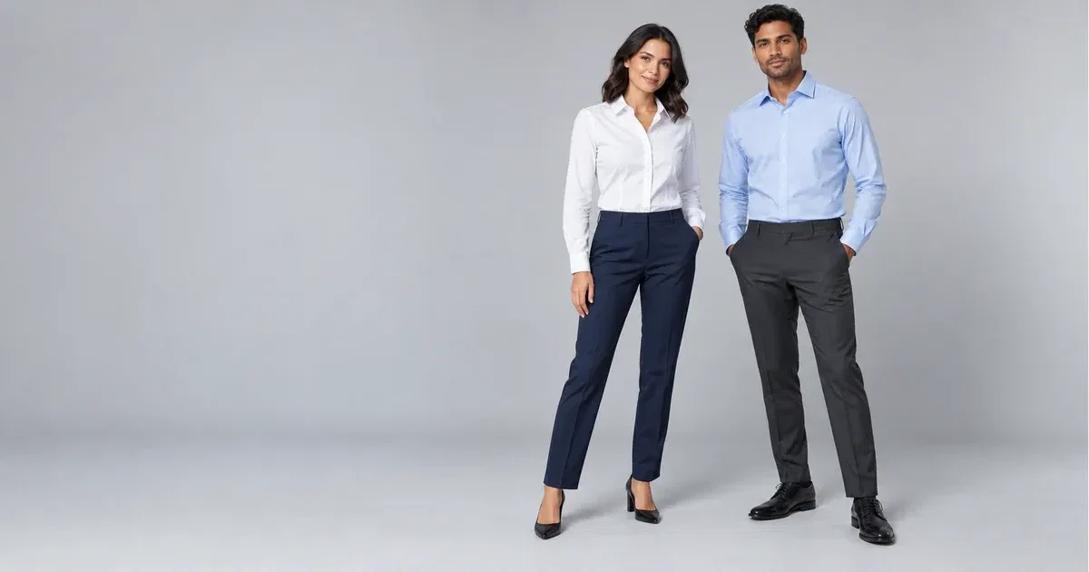 Illustrative woman and man wearing light office shirts and tailored trousers against a plain background.
