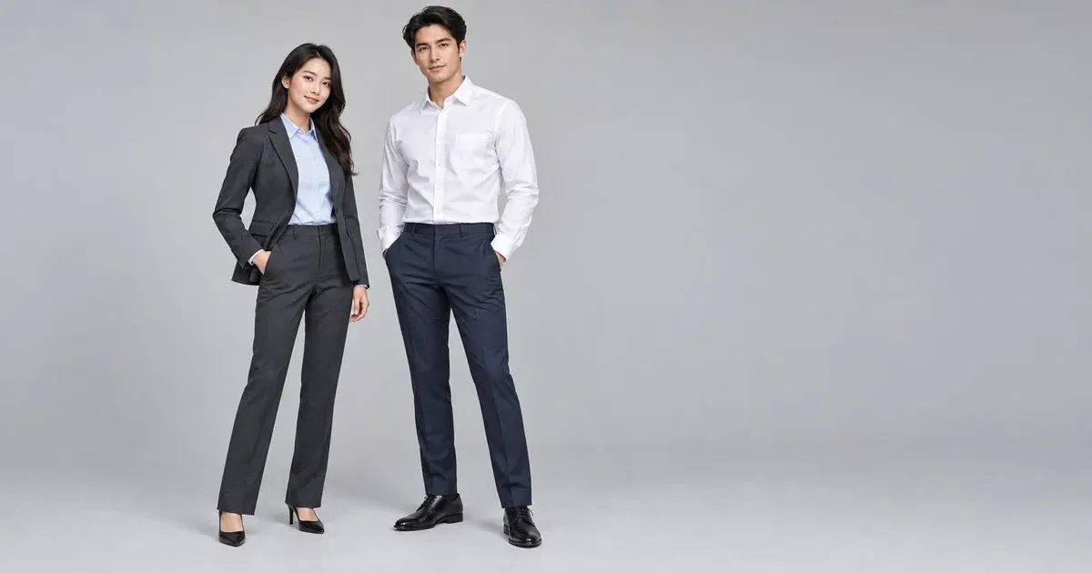 Illustrative models wearing a charcoal jacket and white office shirt with tailored trousers against a plain background.