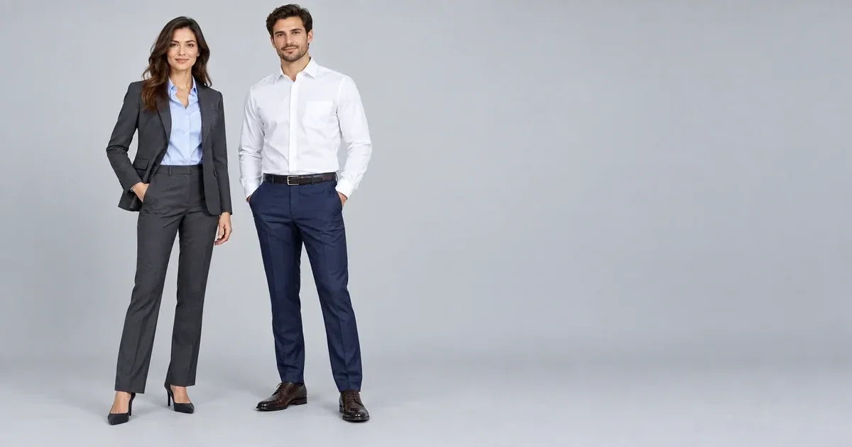 Illustrative models wearing a charcoal jacket and white office shirt with tailored trousers against a plain background.