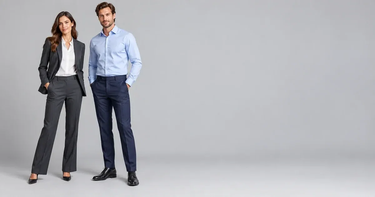 Models wearing a charcoal jacket and white office shirt with tailored trousers against a plain background.