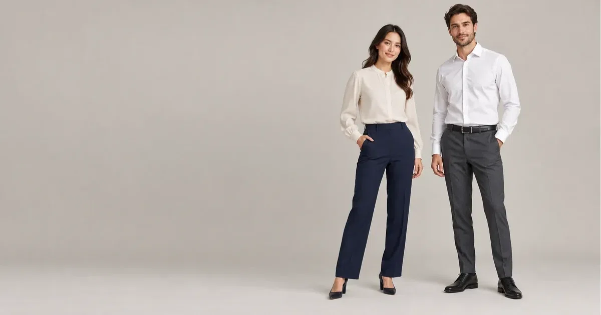 Illustrative woman and man wearing light office shirts and tailored trousers against a plain background.