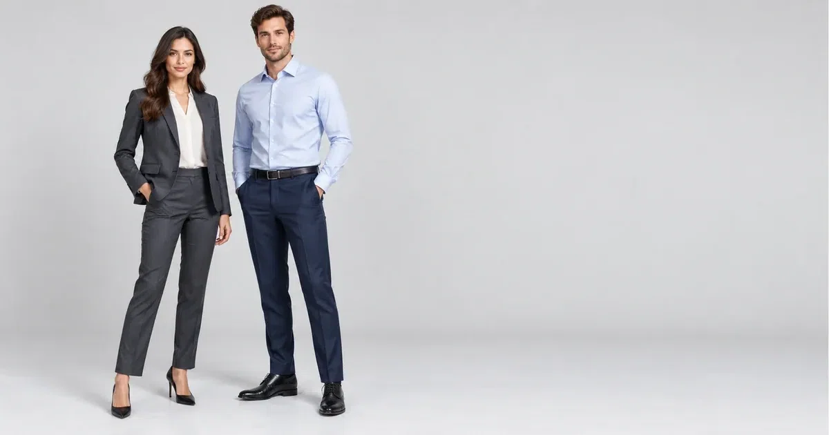 Illustrative models wearing a charcoal jacket and white office shirt with tailored trousers against a plain background.