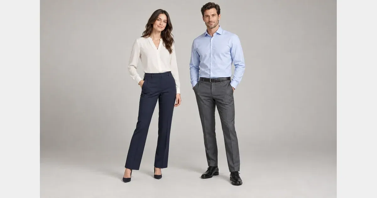 Woman and man wearing light office shirts and tailored trousers against a plain background.