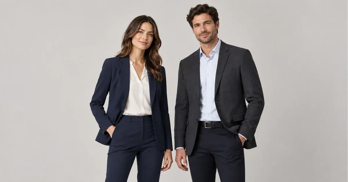 Two professionals wearing tailored office layers and trousers against a plain light background.