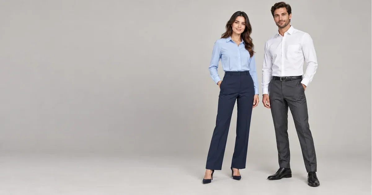 Illustrative woman and man wearing light office shirts and tailored trousers against a plain background.