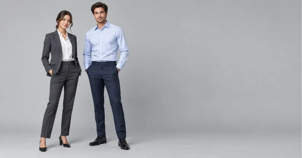 Illustrative models wearing a charcoal jacket and white office shirt with tailored trousers against a plain background.