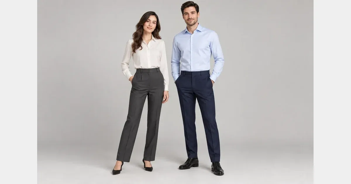 Illustrative woman and man wearing light office shirts and tailored trousers against a plain background.