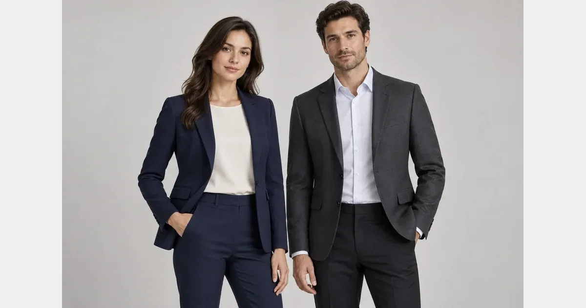 Illustrative models wearing a charcoal jacket and white office shirt with tailored trousers against a plain background.