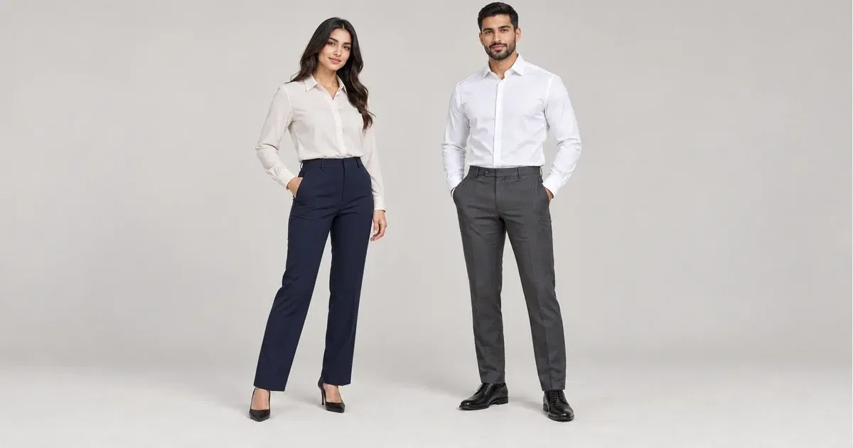 Illustrative woman and man wearing light office shirts and tailored trousers against a plain background.