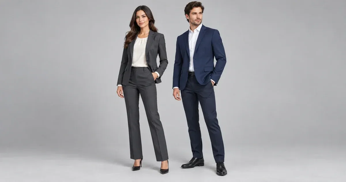 Illustrative models wearing a charcoal jacket and white office shirt with tailored trousers against a plain background.