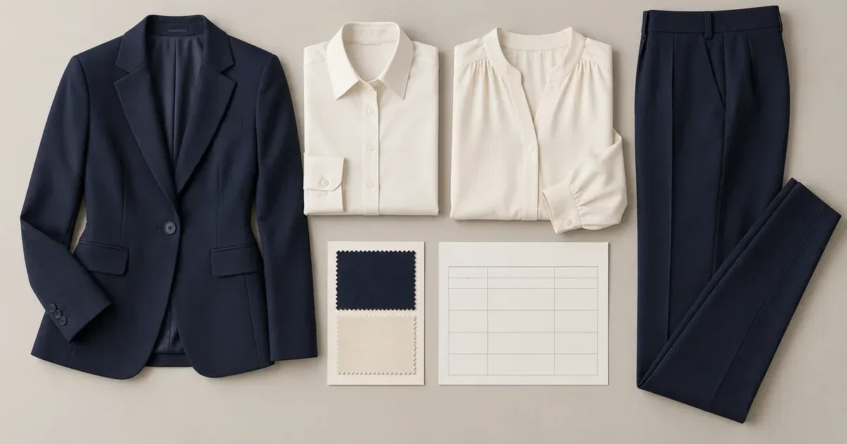 Illustrative navy and cream office garments arranged for a uniform order review.