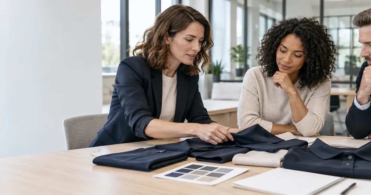 Illustrative colleagues reviewing coordinated office garments and colours.