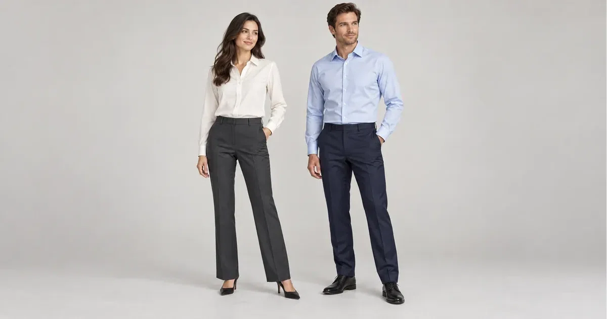 Illustrative woman and man wearing an ivory office blouse and blue shirt with tailored pants against a plain background.