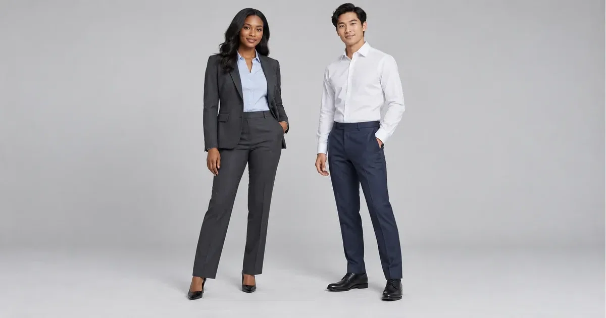Illustrative models wearing a charcoal pantsuit and white shirt with navy pants against a plain gray background.