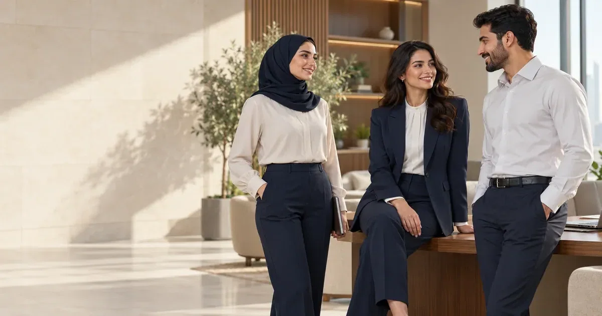 Illustrative colleagues reviewing a coordinated office jacket and shirt.