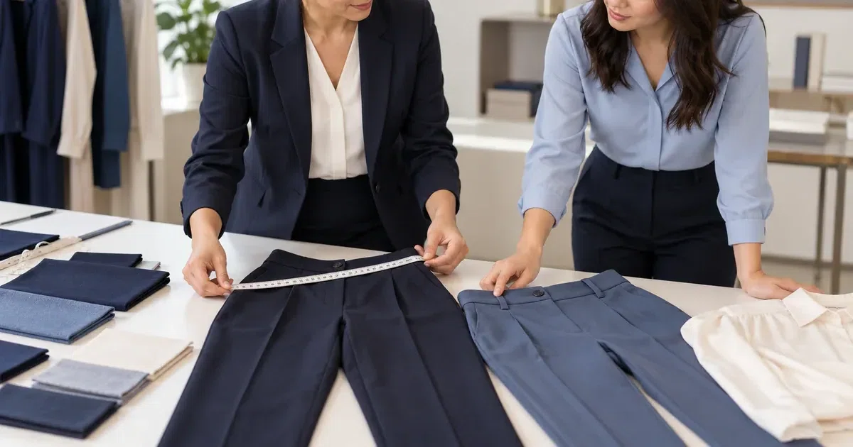 Illustrative uniform reviewers checking trouser fit and garment measurements.