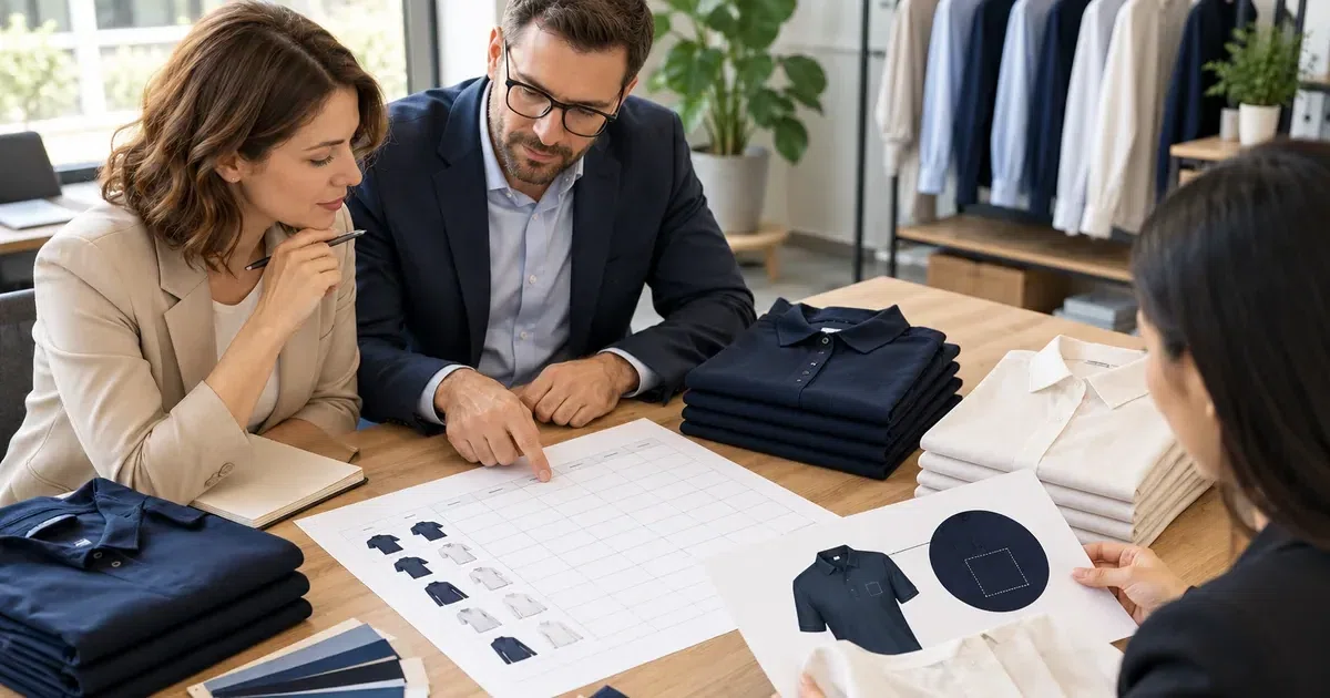 Illustrative corporate buyers planning garment quantities and branding.