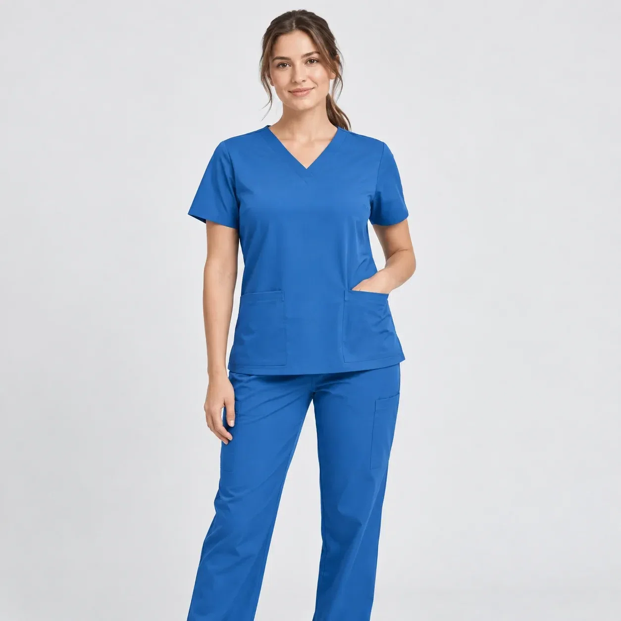 Illustrative studio image of an ocean-blue medical scrub set