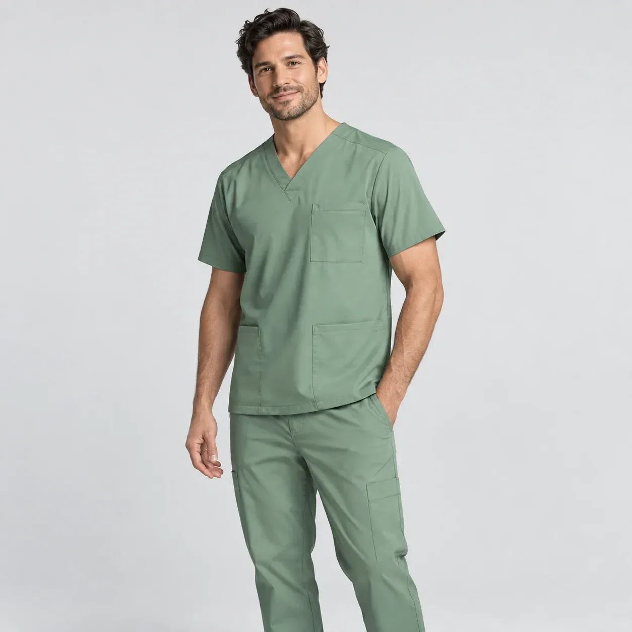 Illustrative studio image of a sage-green medical scrub set