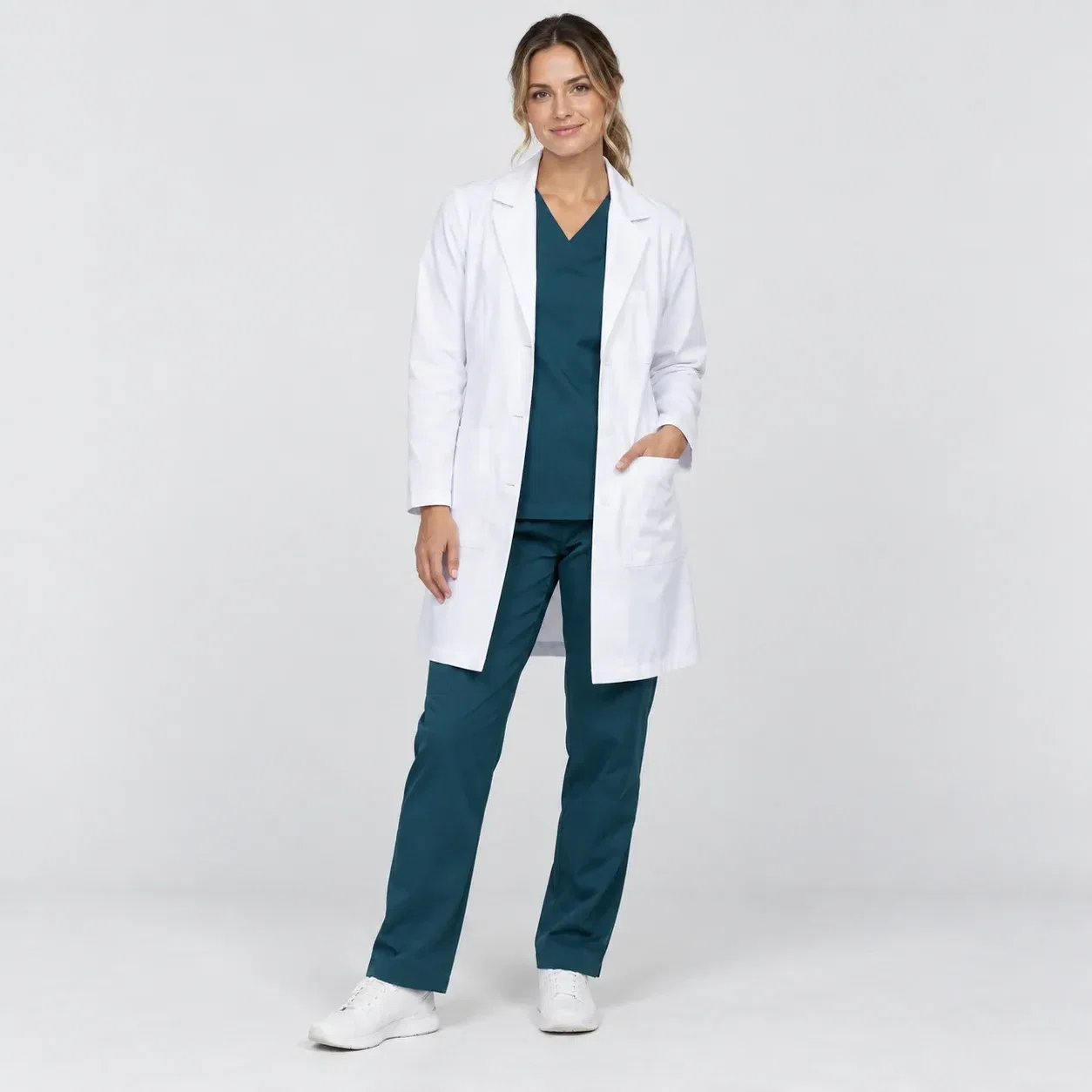 Illustrative studio image of a healthcare uniform for Australia