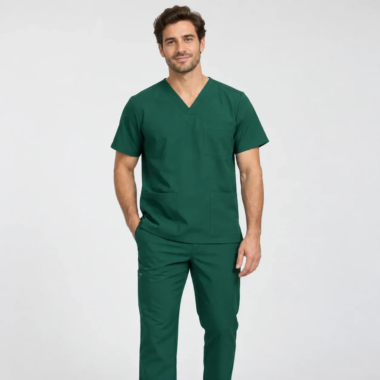 Illustrative studio image of a green V-neck scrub set