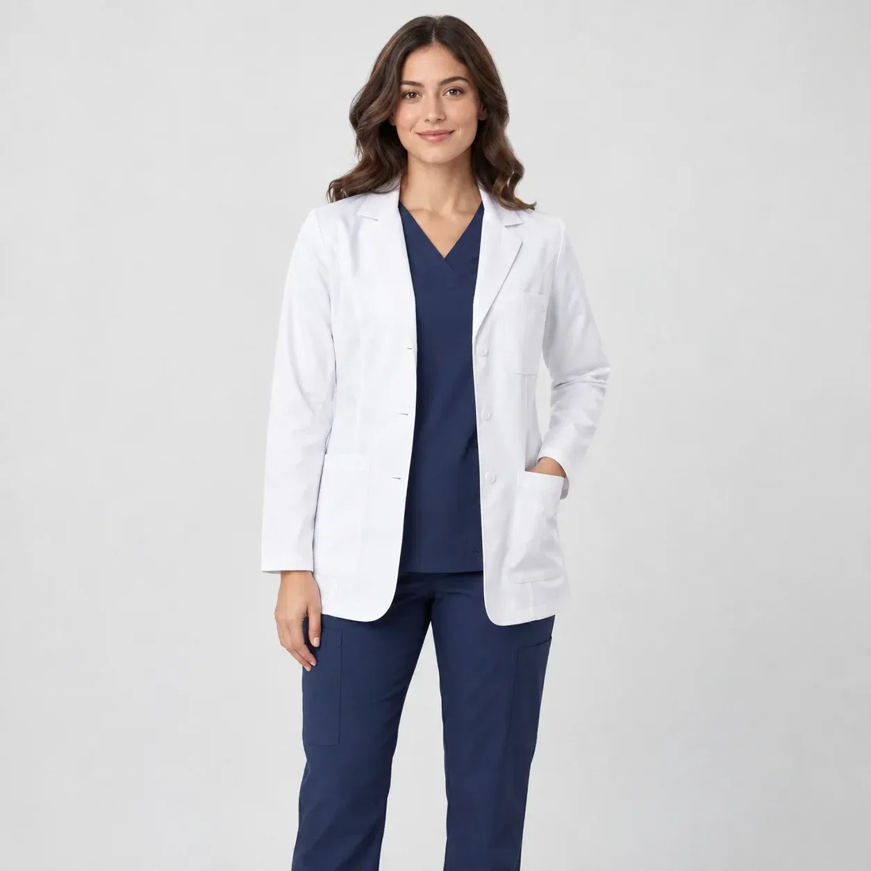 Illustrative studio image of a white medical jacket over navy scrubs