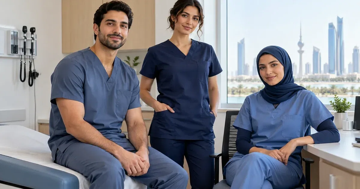 Illustrative studio image of a healthcare uniform for Kuwait