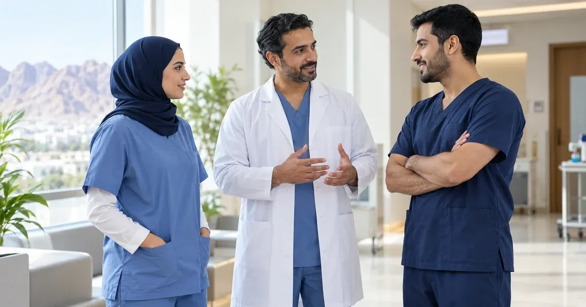Illustrative studio image of a healthcare uniform for Oman