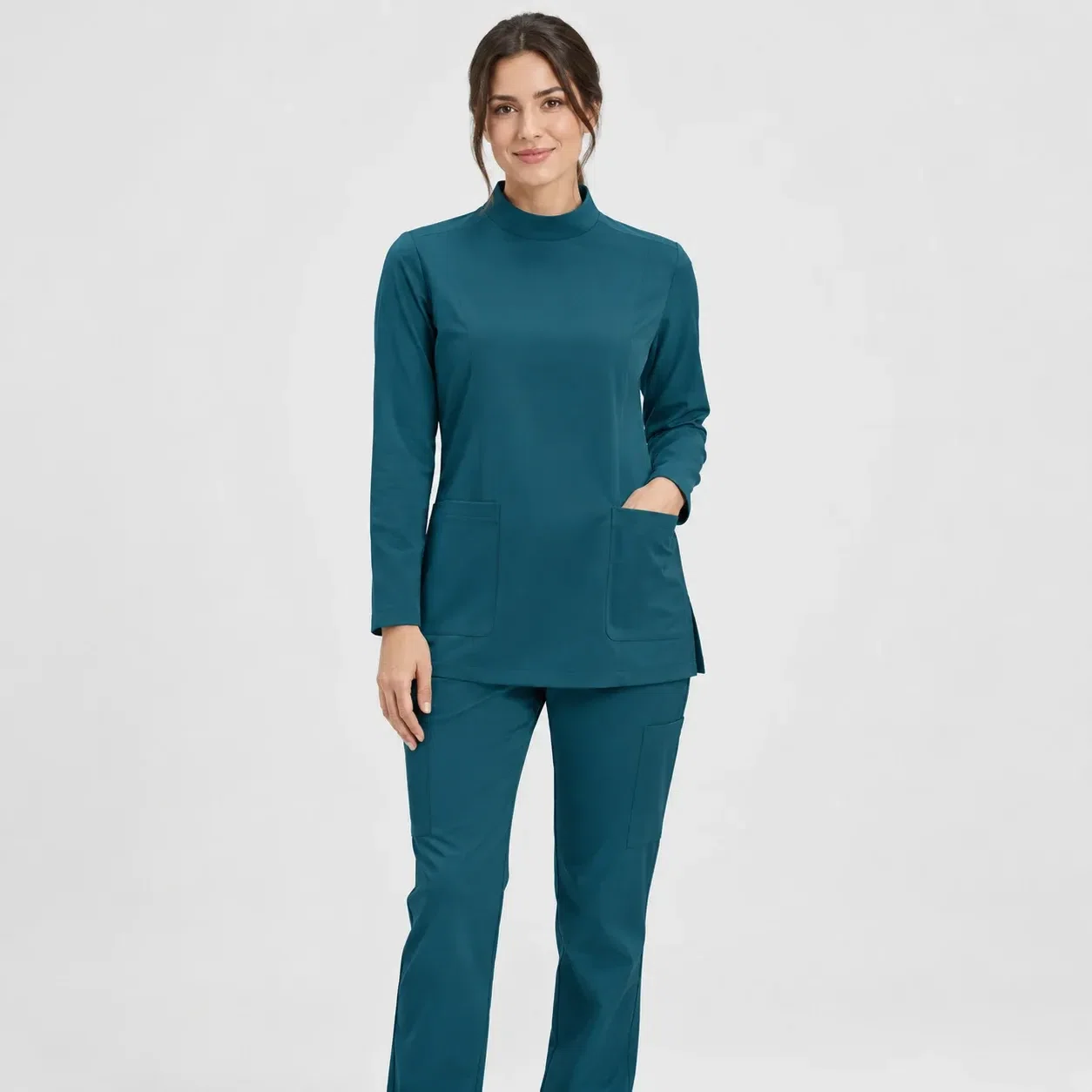 Illustrative studio image of a long-sleeve clinical tunic