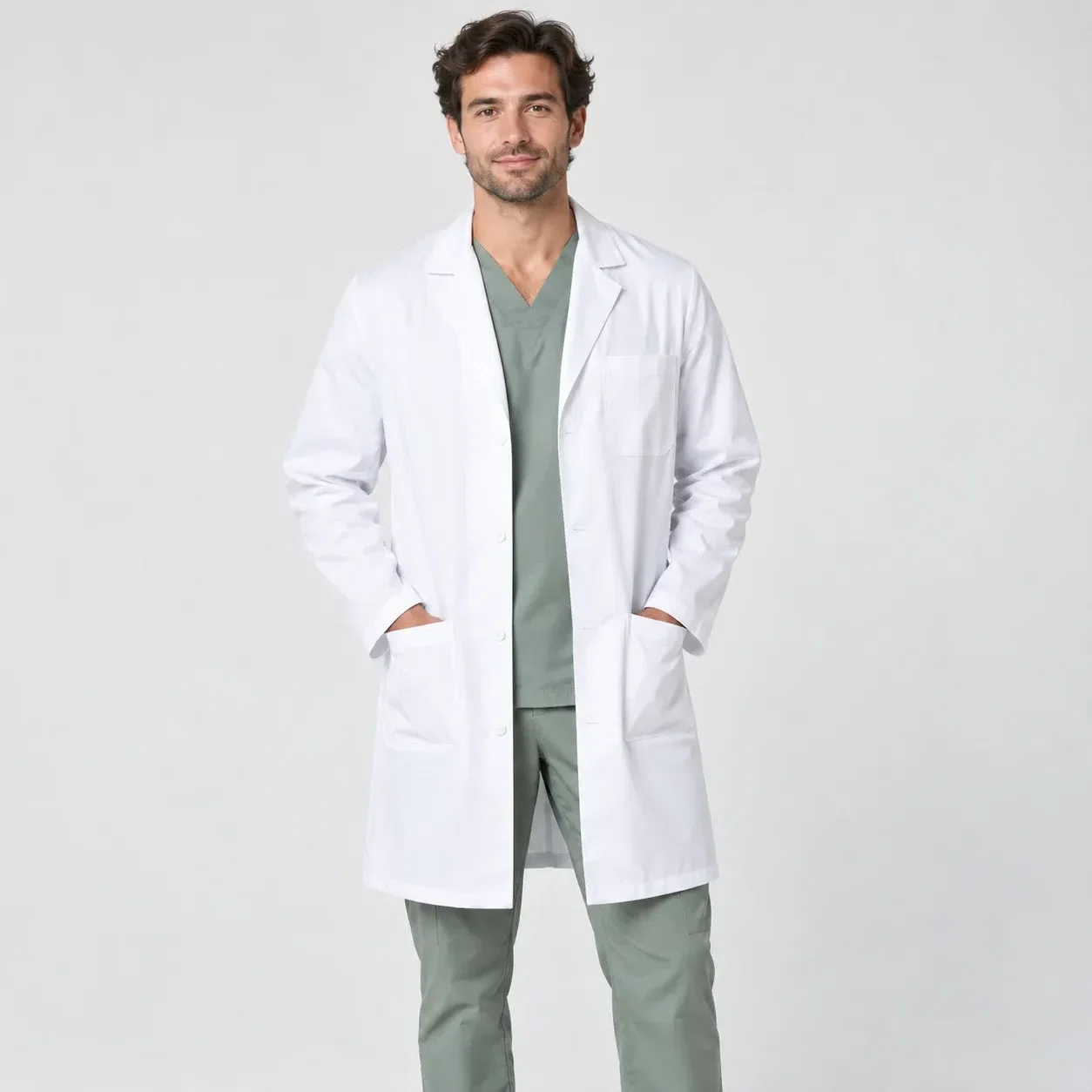 Illustrative studio image of a lab coat over sage scrubs