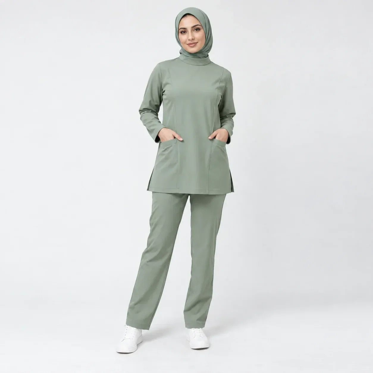 Illustrative studio image of a healthcare uniform for United Arab Emirates