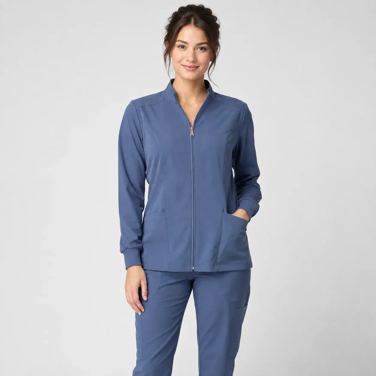 Illustrative studio image of a slate medical jacket