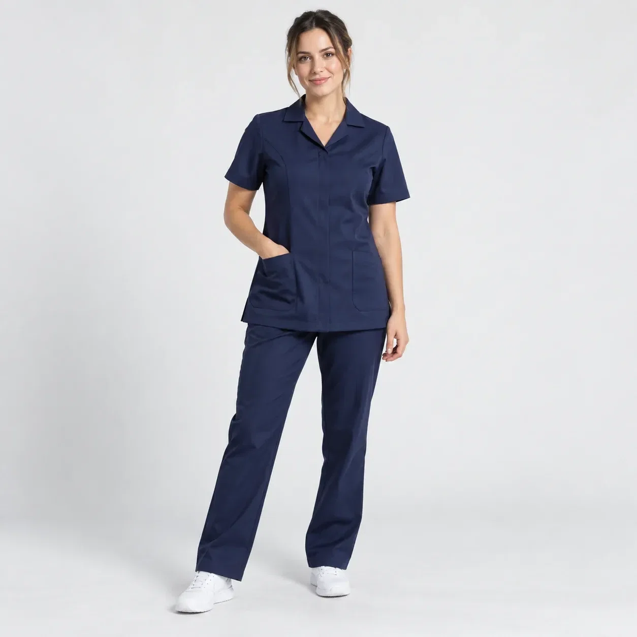 Illustrative studio image of a healthcare uniform for United Kingdom