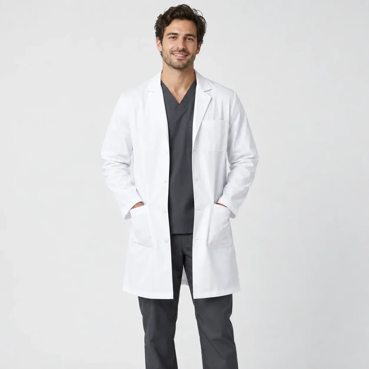 Illustrative studio image of a white lab coat over scrubs